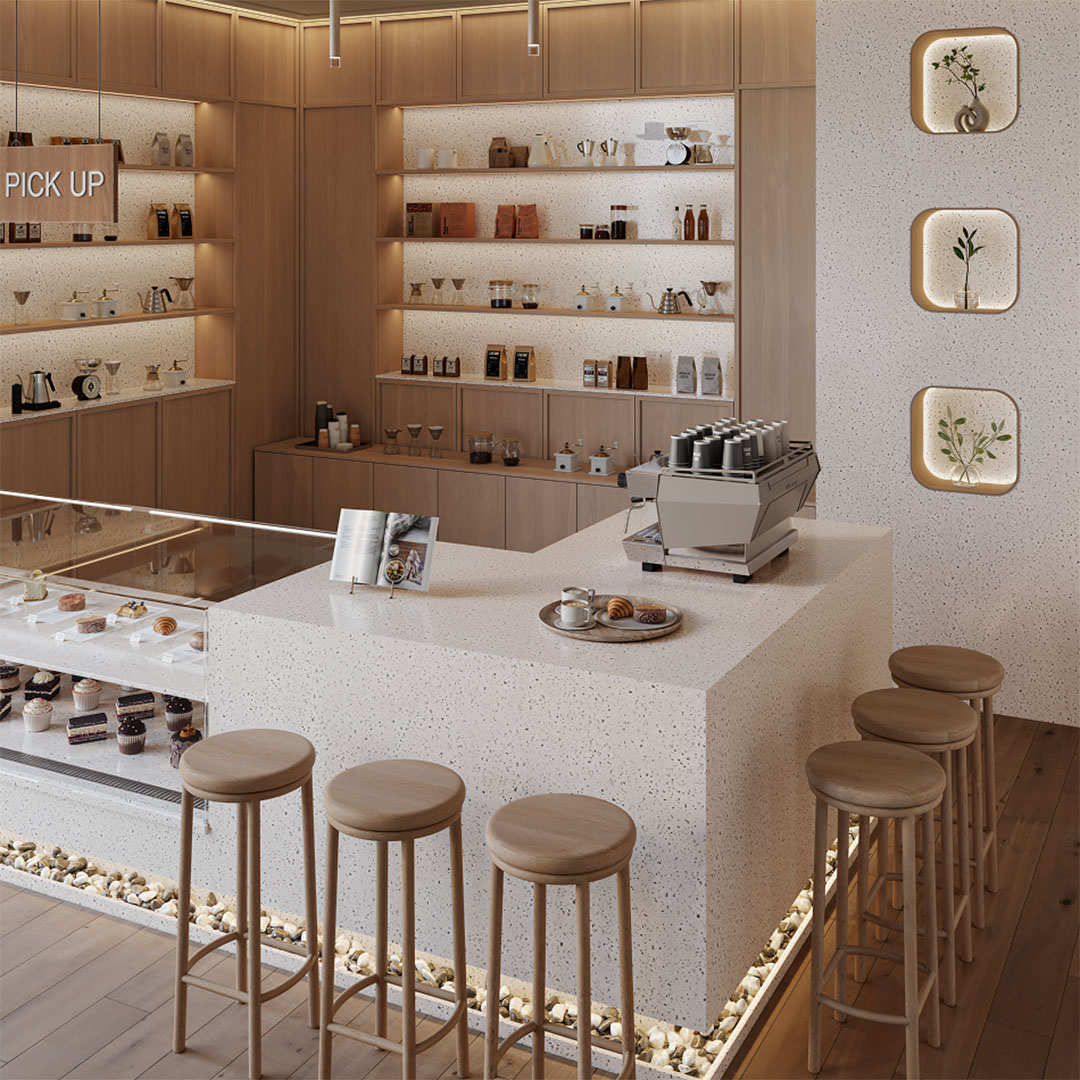 Q104 Terrazzo Alba Lx-Hausys Hi-Macs Cafe Akrilik Tezgah Duvar