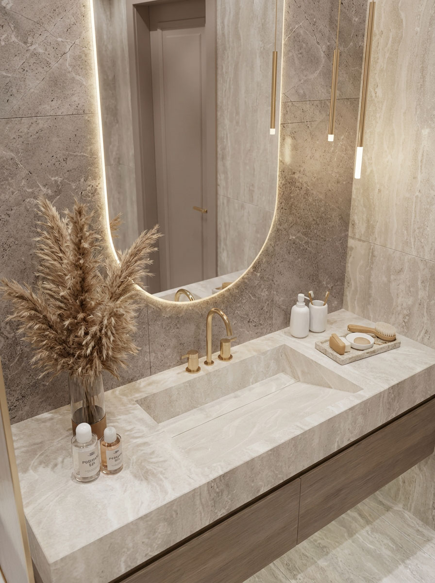 Özdekor Gri Taş Dokulu Özel Tasarım Solid Surface Lavabo