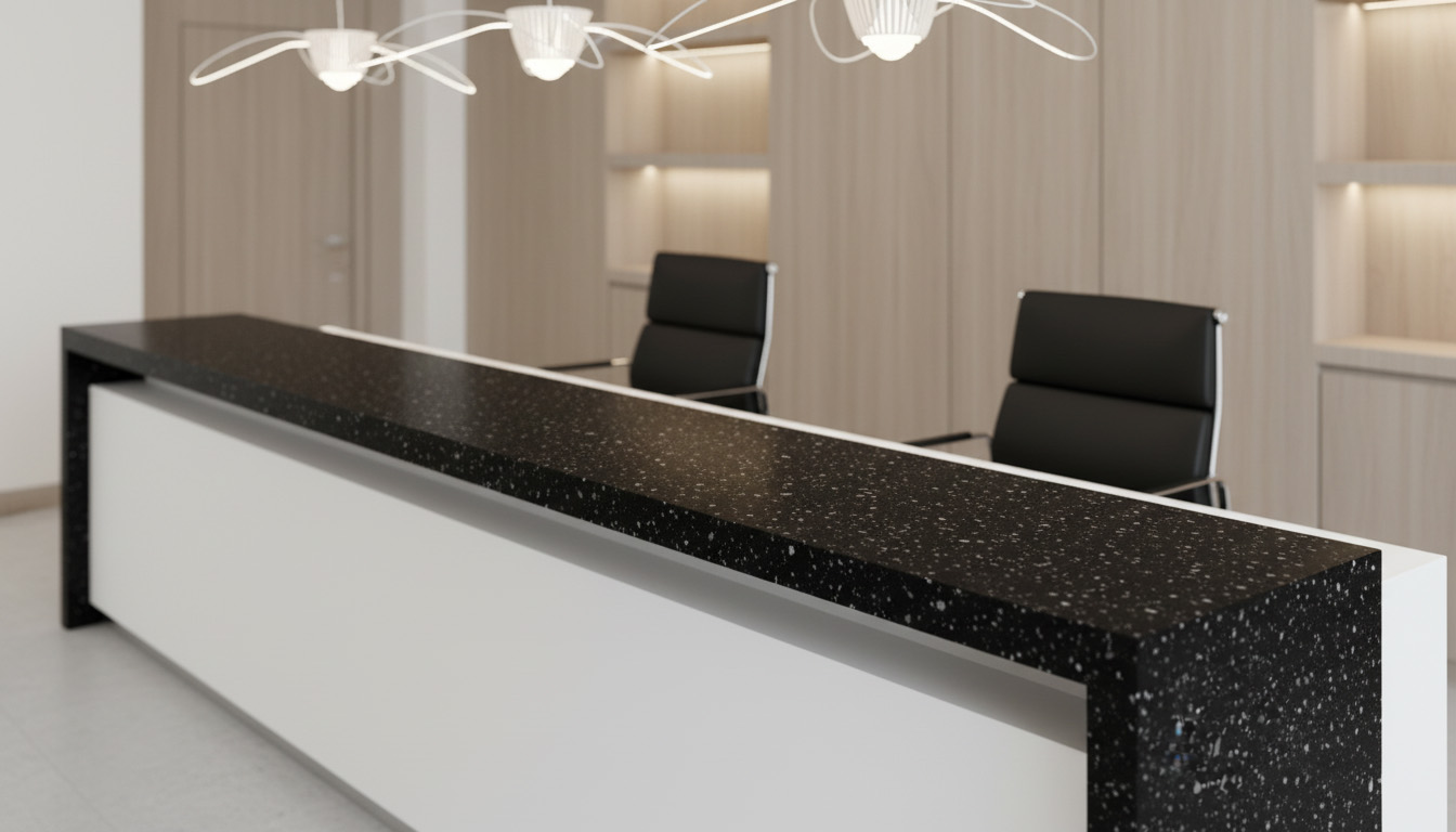 Özdekor Siyah Granit Görünümlü Akrilik Resepsiyon Bankosu