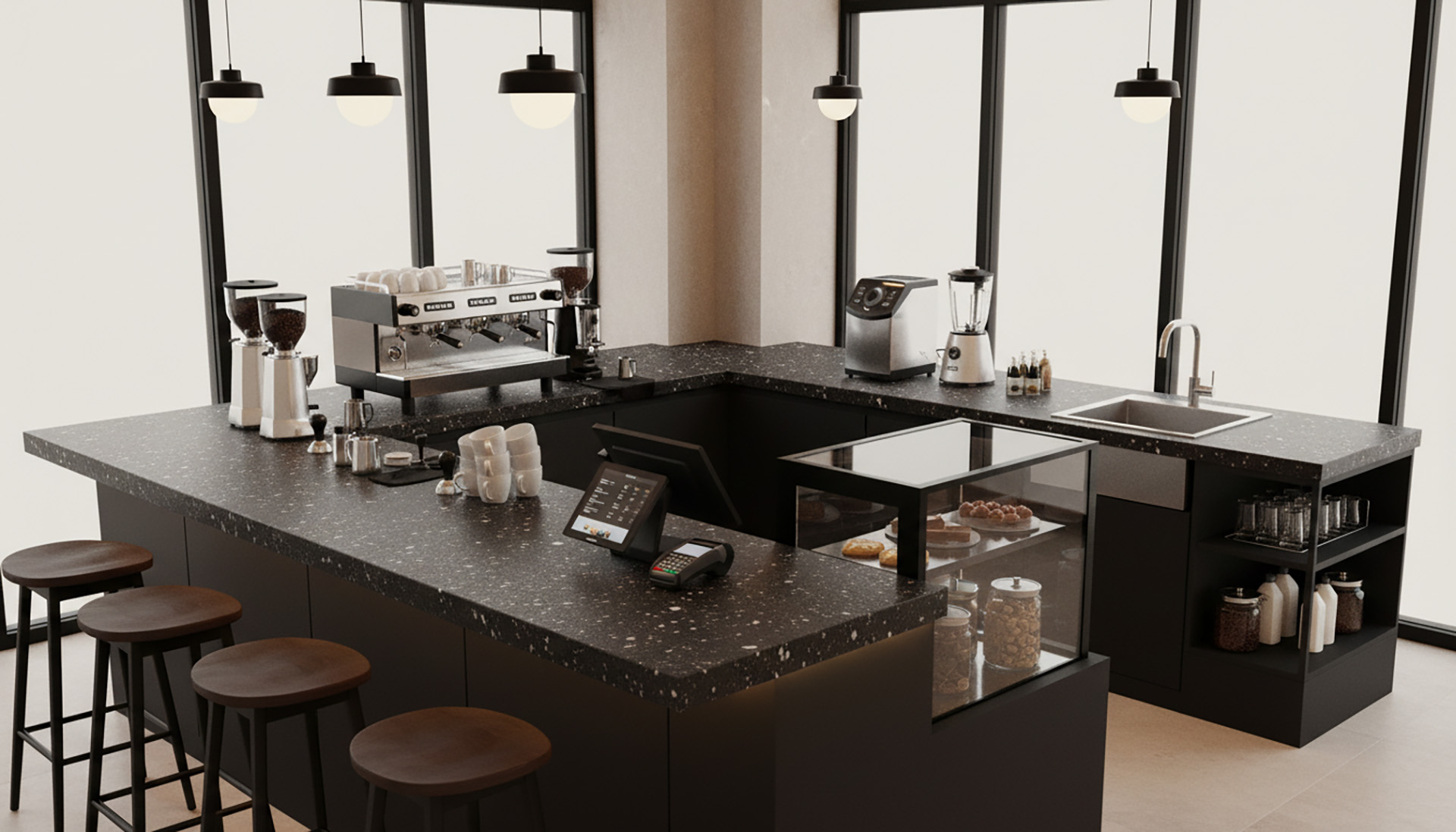 Siyah Terrazzo Desenli Akrilik Cafe Ada Tezgahı